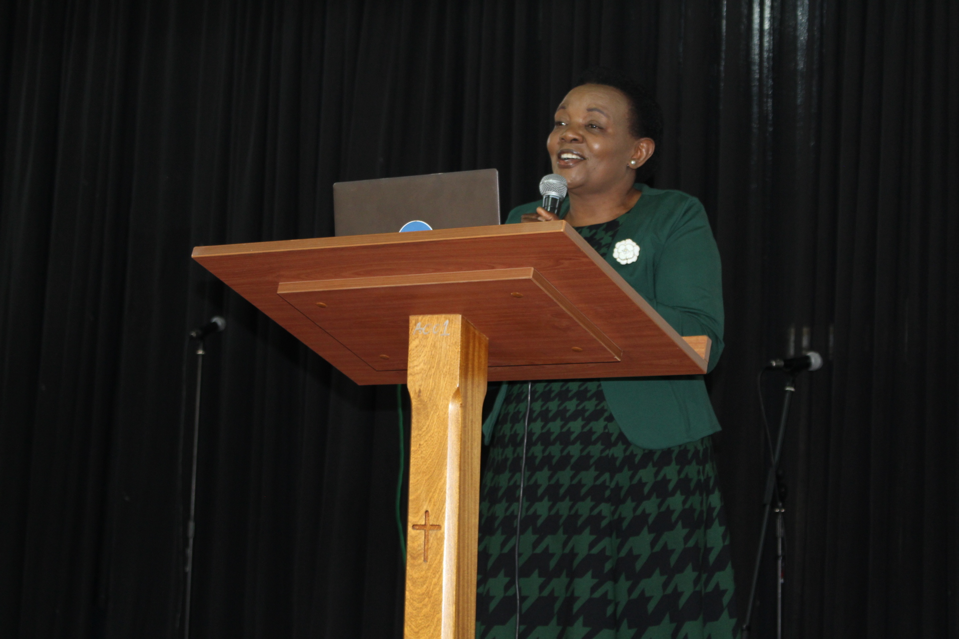 1659779892_Chancellor, Dr. Florence Muindi speaks to the congregation at Athi River Campus Chapel.JPG